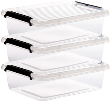 5five opberg kist met deksel - 3x - Clip Box - 8,5 liter - 39 x 29 x 12 cm - kunststof - transparant