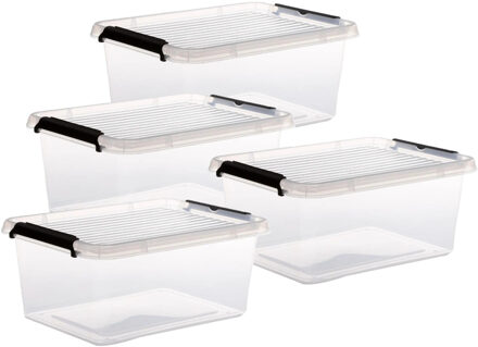 5five opberg kist met deksel - 4x - Clip Box - 12,5 liter - 39 x 29 x 17 cm - kunststof - transparan