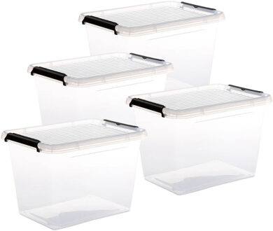5five opberg kist met deksel - 4x - Clip Box - 19 liter - 39 x 29 x 27 cm - kunststof - transparant