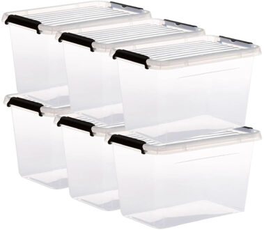 5five opberg kist met deksel - 6x - Clip Box - 6,5 liter - 29 x 20 x 18 cm - kunststof - transparant