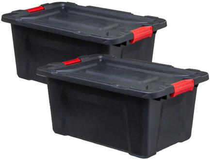 5five opbergbox/opbergkrat - 2x - 55 Liter - zwart - kunststof - L65 x B43 x H30 cm - stapelbaar
