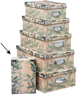 5five Opbergdoos/box - 2x - Green leafs print op hout - L28 x B19.5 x H11 cm - Stevig karton - Leafsbox - Opbergbox Beige