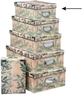 5five Opbergdoos/box - 2x - Green leafs print op hout - L32 x B21.5 x H12 cm - Stevig karton - Leafsbox - Opbergbox Beige