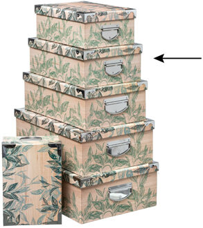 5five Opbergdoos/box - 2x - Green leafs print op hout - L36 x B24.5 x H12.5 cm - Stevig karton - Leafsbox - Opbergbox Beige