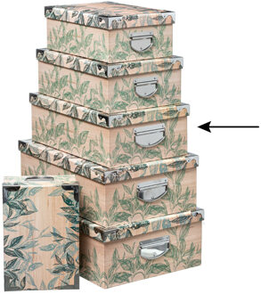 5five Opbergdoos/box - 2x - Green leafs print op hout - L40 x B26.5 x H14 cm - Stevig karton - Leafsbox - Opbergbox Beige