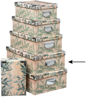 5five Opbergdoos/box - 2x - Green leafs print op hout - L44 x B31 x H15 cm - Stevig karton - Leafsbox - Opbergbox Beige