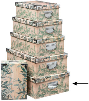 5five Opbergdoos/box - 2x - Green leafs print op hout - L48 x B33.5 x H16 cm - Stevig karton - Leafsbox - Opbergbox Beige