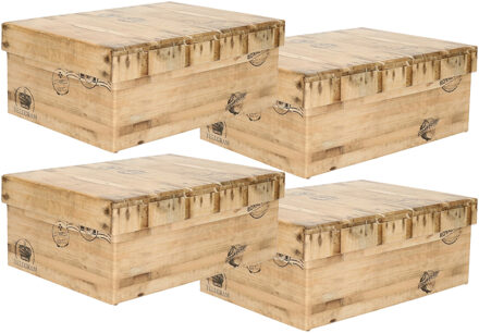 5five Opbergdoos/box - 4x - houtkleur - L25 x B17 x H9.5 cm - Stevig karton - Woodybox