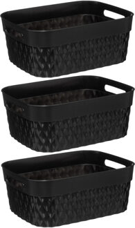 5five Opbergmand/box van kunststof - 3x - zwart - 25 x 33 x 13 cm - 8.5 liter