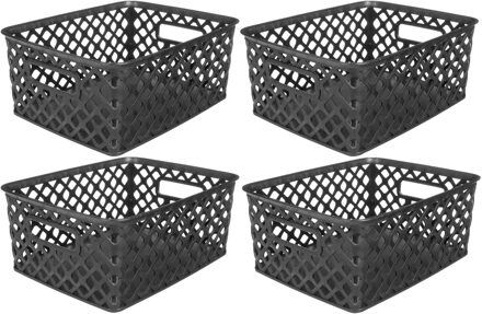 5five Opbergmand/box van kunststof - 4x - zwart - 19 x 25 x 10 cm - 4 liter