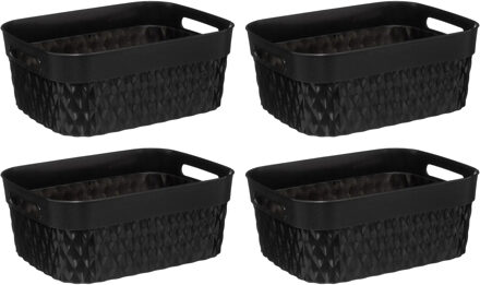 5five Opbergmand/box van kunststof - 4x - zwart - 21 x 27 x 11 cm - 5 liter