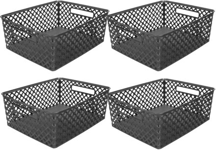 5five Opbergmand/box van kunststof - 4x - zwart - 29 x 35 x 13 cm - 11 liter