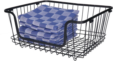 5five opbergmand/draadmand met handvat - 2x - stapelbaar - zwart - 26 x 16 x 33 cm