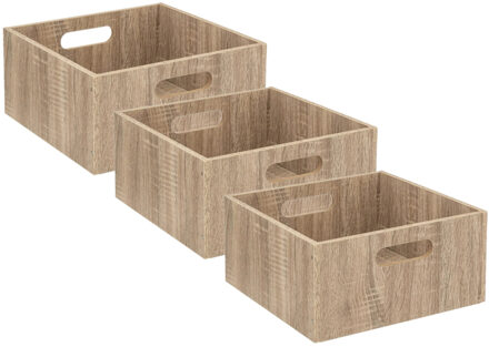 5five Opbergmand/kastmand van hout - Set van 3x stuks - lichtbruin - 14 Liter - 31 x 31 x 15 cm - Op