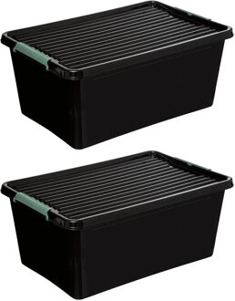5five Opslagbox met deksel kunststof 60 liter 58 x 39 x 35 cm zwart 2x stuks