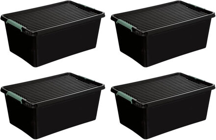 5five Opslagbox met deksel kunststof 60 liter 58 x 39 x 35 cm zwart 4x stuks