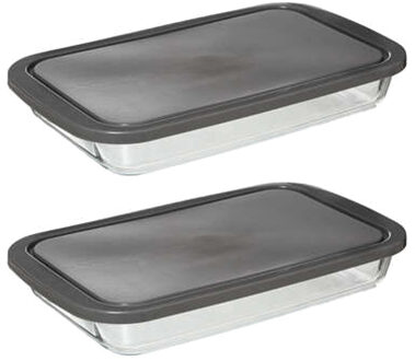 5five Ovenschaal van borosilicaat glas met deksel - 2x - rechthoek - 2.2 Liter - 35 x 21 x 5,5 cm - Ovenschalen Transparant