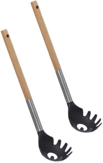 5five Pasta opscheplepel - 2x - zwart/lichtbruin - hout/rvs/kunststof - 32 cm - Keukengerei