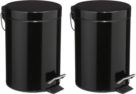 5five Pedaalemmer - 2x - zwart - metaal - 3L - 17 x 25 cm - prullenbak