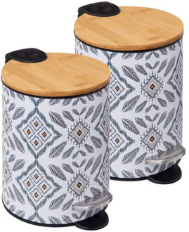 5five Pedaalemmer Mystic - 2x - wit/grijs - 3 liter - metaal - 17 x 23 cm - voor toilet/badkamer