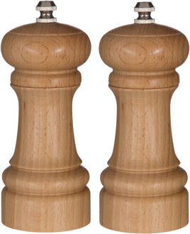 5five Pepermolen/zoutmolen hout beige 14 cm - Set van 2x stuks - kruidenmolen - specerijenmolen