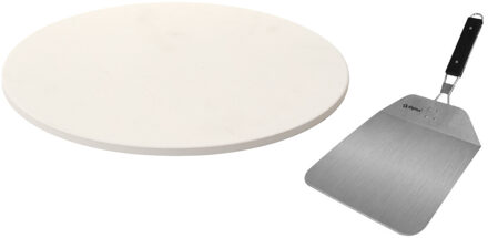 5five Pizzasteen rond keramiek 33 cm met handvaten incl. pizzasnijder en inklapbare RVS pizzaschep 25 cm