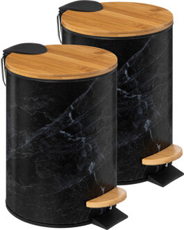 5five Prullenbak/pedaalemmer Marmer look - 2x - zwart - 3 liter - metaal/bamboe - 17 x 25 cm