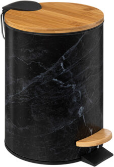 5five Prullenbak/pedaalemmer Marmer look - zwart - 3 liter - metaal/bamboe - 17 x 25 cm