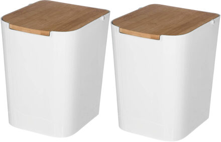 5five Prullenbak/vuilnisbak - 2x stuks - 5 liter - bamboe - wit/lichtbruin - 24 x 19 cm - badkamer