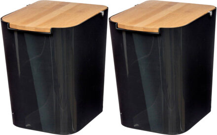 5five Prullenbak/vuilnisbak - 2x stuks - 5 liter - bamboe - zwart/lichtbruin - 24 x 19 cm - badkamer