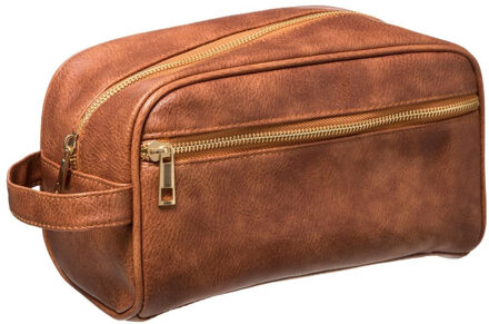 5five Reis toilettas / etui / opberg tasje - leder look - heren - cognac - 25 x 13 x 14 cm