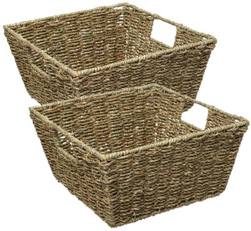 5five Rieten opbergmand - 2x - gevlochten - beige/zwart - 31 x 31 x 15 cm - kastmanden