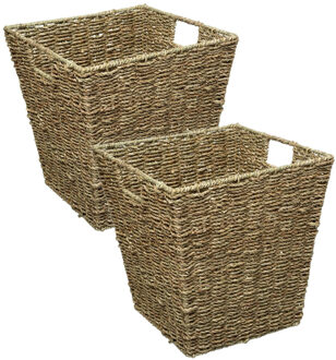 5five Rieten opbergmand - 2x - gevlochten - beige/zwart - 31 x 31 x 31 cm - kastmanden - Opbergmanden Bruin