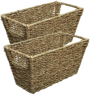 5five Rieten opbergmand - 2x - gevlochten rechthoek - beige/zwart - 31 x 15 x 15 cm