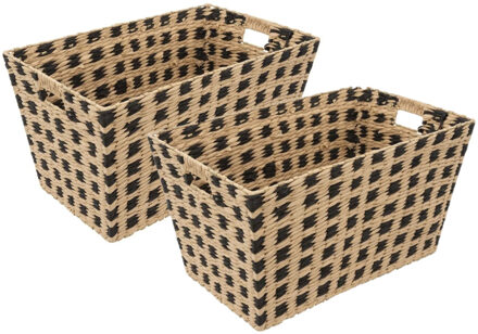 5five Rieten opbergmand - 2x - gevlochten rechthoek - beige/zwart - 55 x 35 x 30 cm