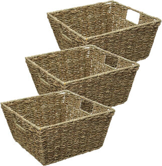 5five Rieten opbergmand - 3x - gevlochten - beige/zwart - 31 x 31 x 15 cm - kastmanden