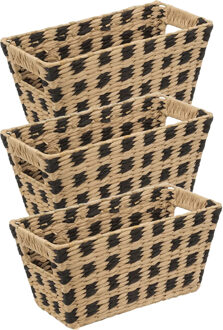 5five Rieten opbergmand - 3x - gevlochten rechthoek - beige/zwart - 31 x 15 x 15 cm