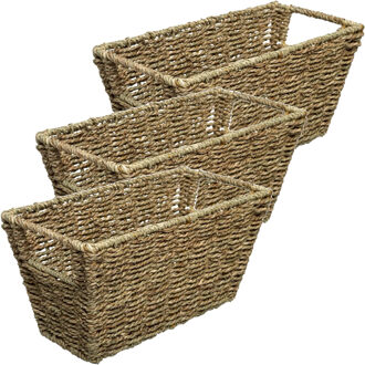 5five Rieten opbergmand - 3x - gevlochten rechthoek - beige/zwart - 31 x 15 x 15 cm
