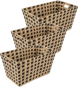 5five Rieten opbergmand - 3x - gevlochten rechthoek - beige/zwart - 55 x 35 x 30 cm