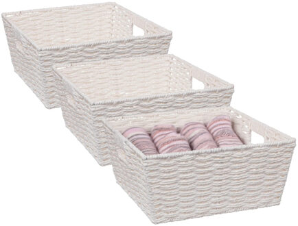 5five Rieten opbergmand - 3x - gevlochten vierkant - wit - 31 x 31 x 15 cm