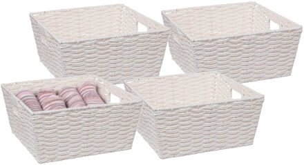 5five Rieten opbergmand - 4x - gevlochten vierkant - wit - 31 x 31 x 15 cm