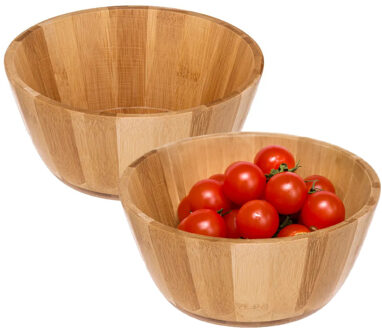 5five Salade of voedsel serveer schaal - 2x - bamboe hout - lichtbruin - D19 x H8 cm