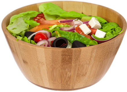 5five Salade of voedsel serveer schaal - bamboe hout - lichtbruin - D28 x H12 cm