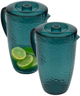 5five Sapkan/schenkkan karaf met deksel - 2x - 2 liter/2000 ml - petrol blauw - kunststof