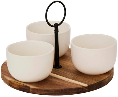 5five Serveerplank acacia - met 3x schaaltjes wit - D20 cm - tapas en saus schaaltjes - hapjes