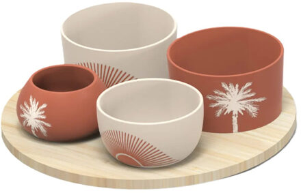 5five Serveerplank acacia - met 4x schaaltjes terra/wit - D26 cm - tapas en saus schaaltjes - hapjes