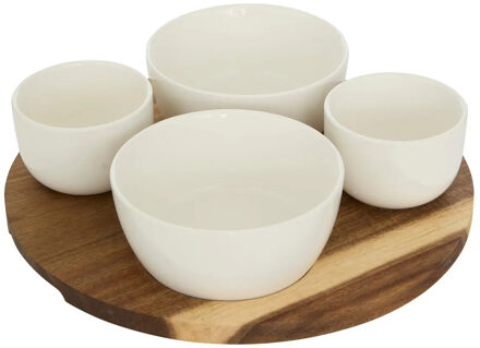 5five Serveerplank acacia - met 4x schaaltjes wit - D26 cm - tapas en saus schaaltjes - hapjes