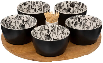 5five Serveerplank bamboe - met 5x schaaltjes - D28 cm - tapas en saus schaaltjes - hapjes