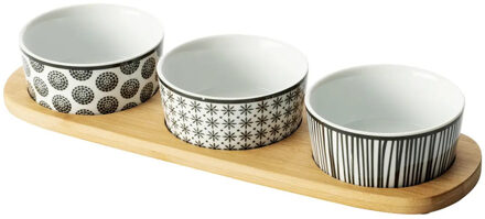 5five Serveerplank/borrelplank hapjes/saus/tapas - aardewerk - wit - met 3x schaaltjes - Serveerplanken