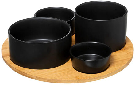 5five Serveerplank/borrelplank hapjes/saus/tapas - aardewerk - zwart - incl. 4x schaaltjes - Serveerplanken